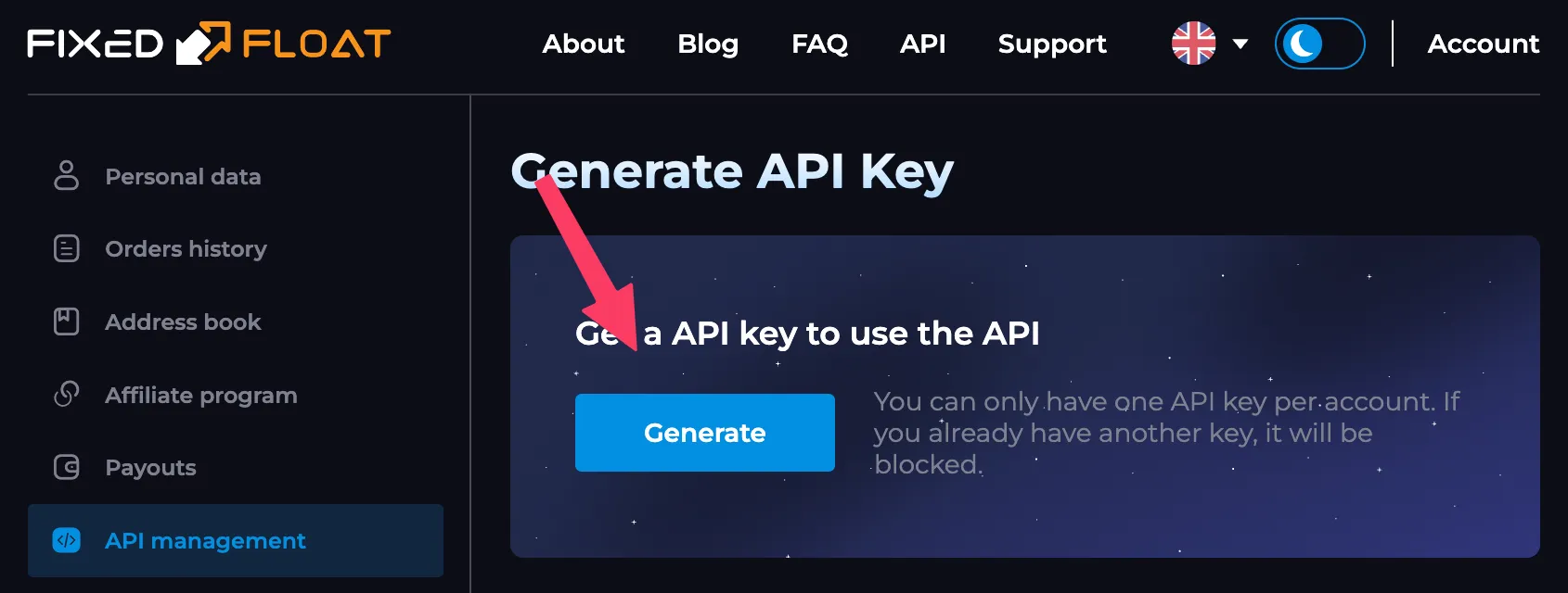 FixedFloat Generate API Key page with Generate button highlighted