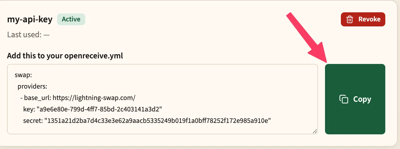 Lightning Swap API key detail showing openreceive.yml snippet