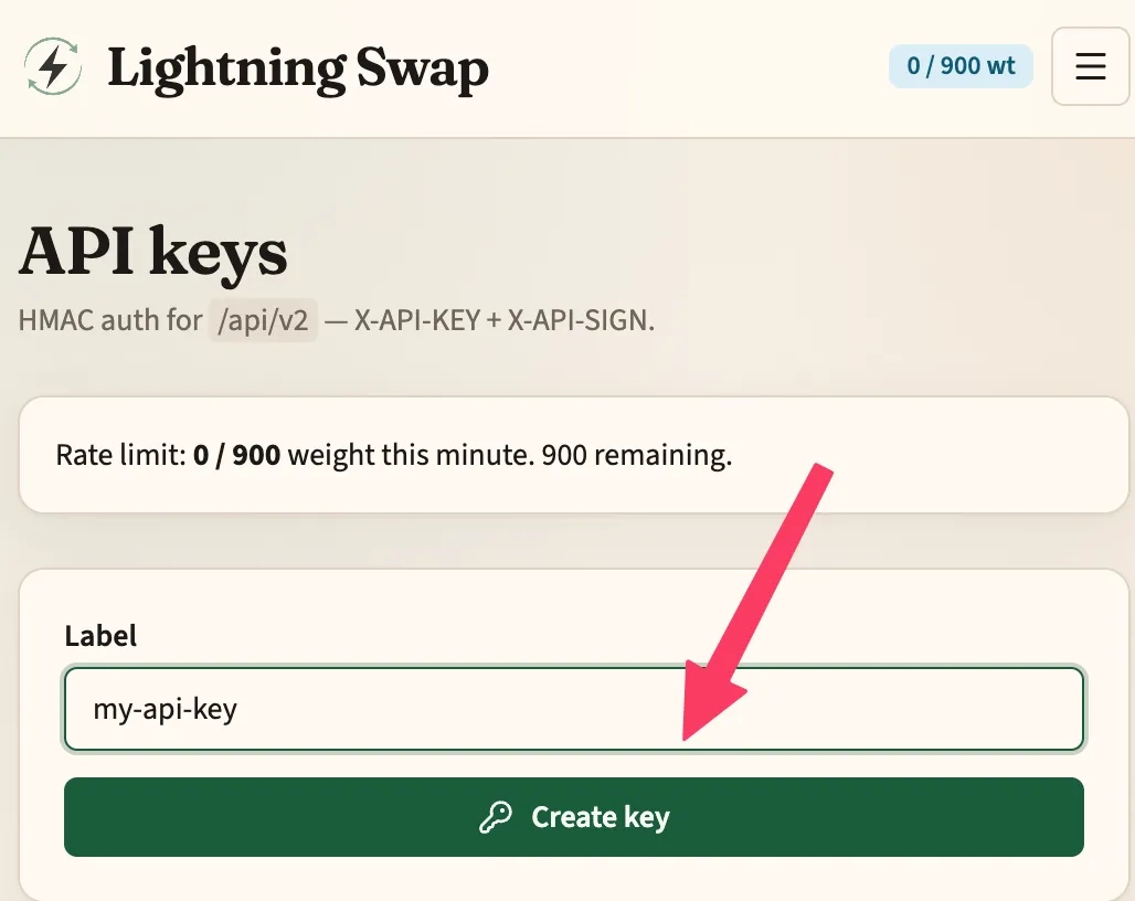Lightning Swap API keys page with Create key form