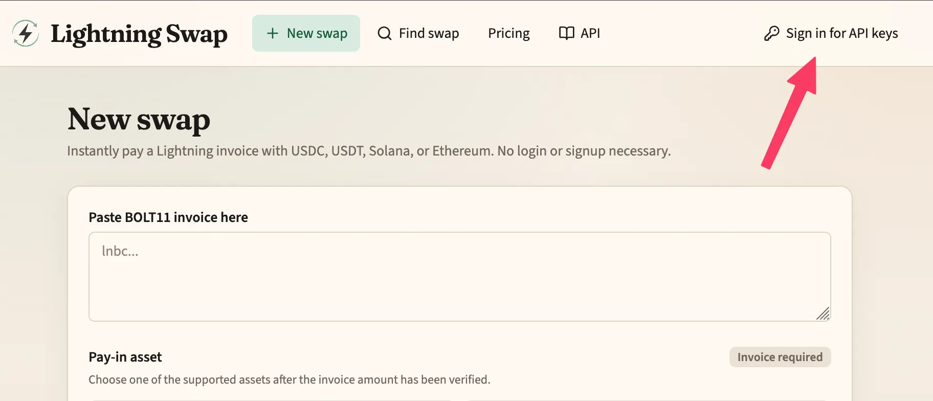 Lightning Swap homepage with Sign in for API keys highlighted