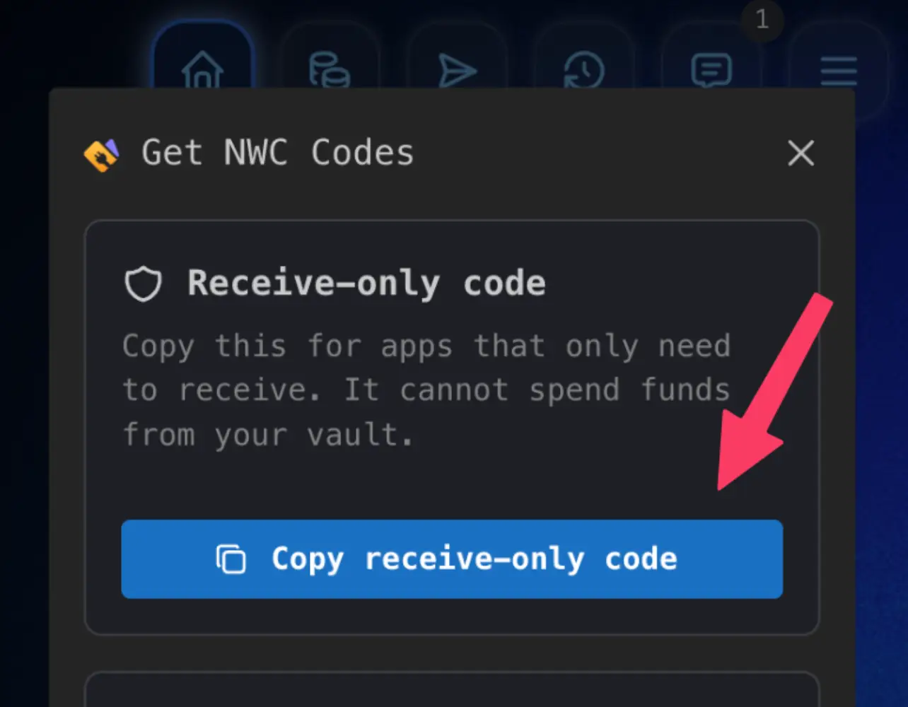 Rizful modal showing Copy receive-only code